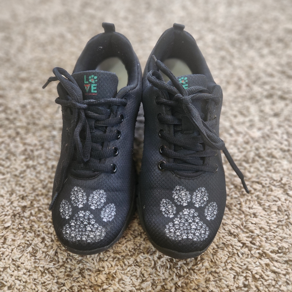 Womens Black Paw Print Sneakers Athletic Shoes Size 6‎ Love Design